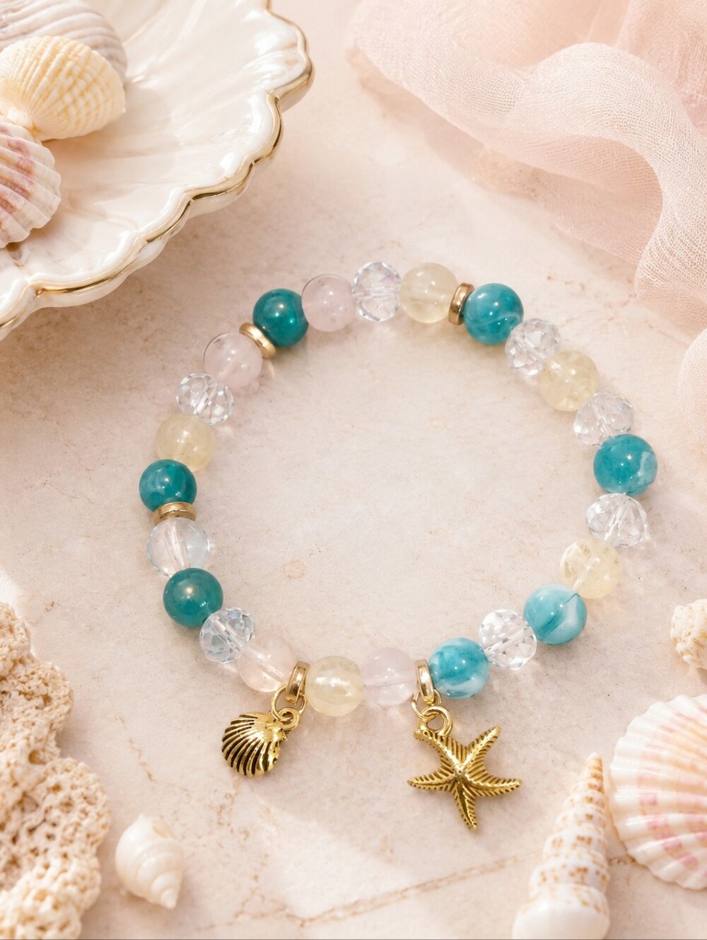 Handmade Coastal Celestial Shell Starfish Mermaid Theme Charm Stretch Bracelet